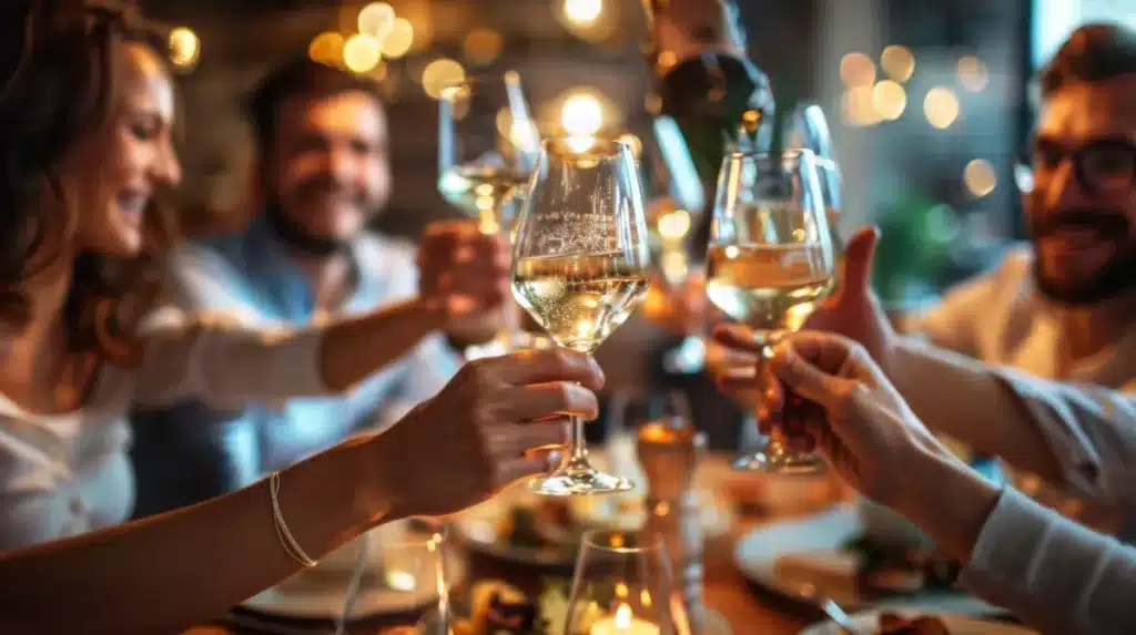 Moment festif dans un bar restaurant, des convives trinquent dans une ambiance chaleureuse et animée.