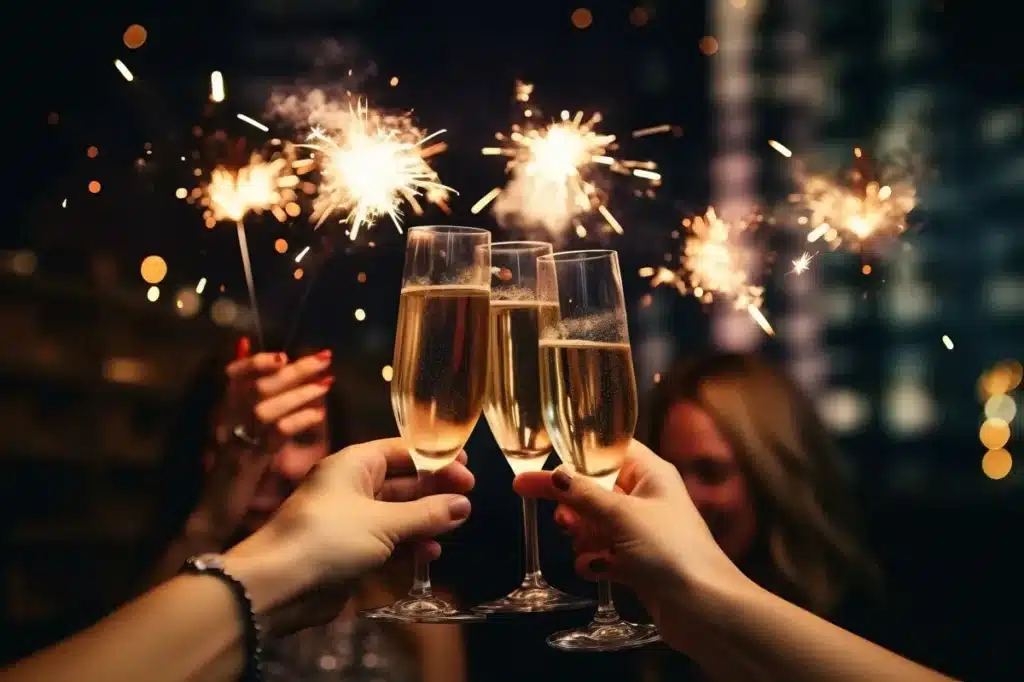 Verres de champagne et feux de Bengale pour une fête d'anniversaire dans un restaurant privatisé.