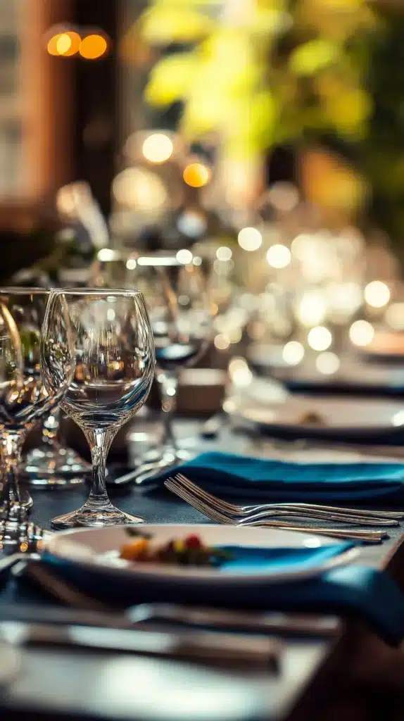 Table élégamment dressée avec des verres et des couverts pour un dîner de réception en restaurant privatisé.