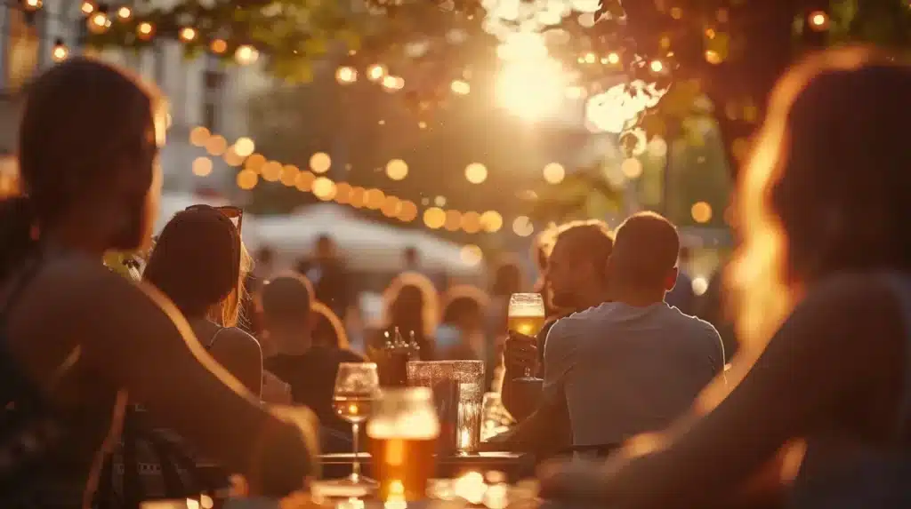 Terrasse en extérieur animée en soirée pour un événement convivial dans un restaurant privatisé. ​​