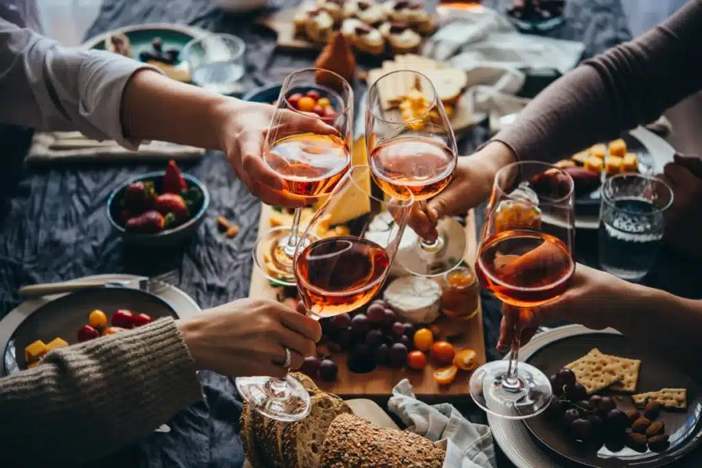 Groupe de convives trinquant avec du vin autour d'une table conviviale dans un restaurant à Saint-Girons, idéal pour des soirées privées et des repas festifs.