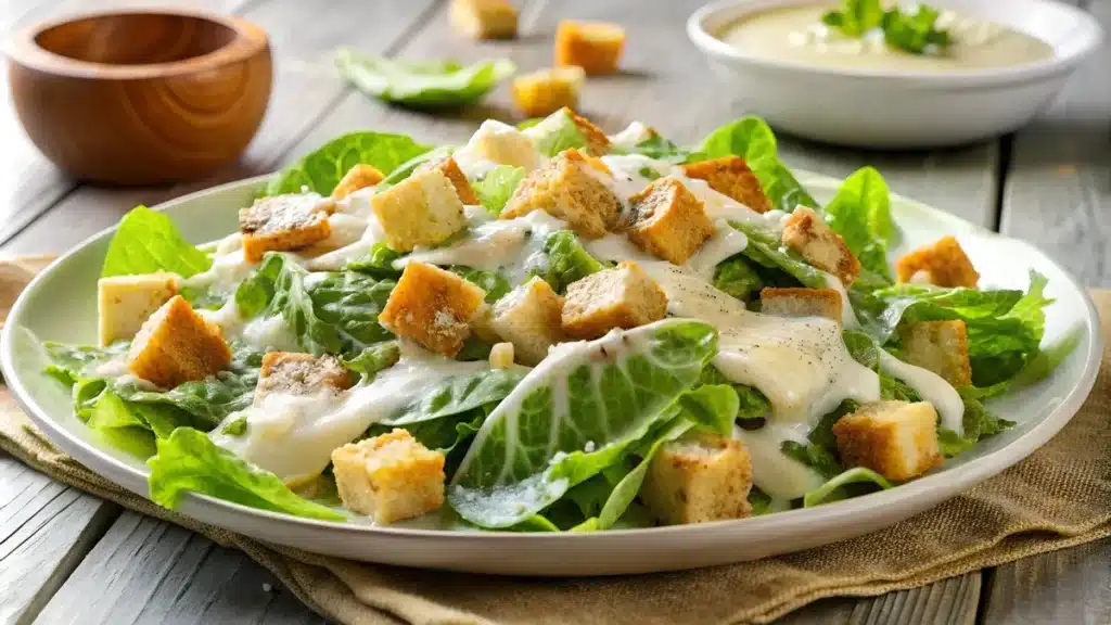 Salade César gourmande avec croûtons dorés et sauce maison, servie dans un cadre chaleureux à Saint-Girons. ​​